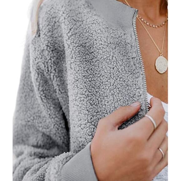 MIROL Women's Light Grey Sherpa Fleece Jacket Fuzzy Casual Zip Up Bomber Coat, L - Picture 3 of 8